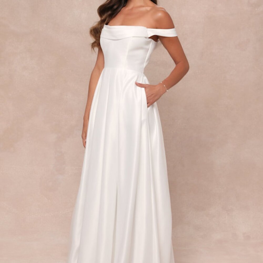 Lulus Extraordinary Vow White Off-the-shoulder Maxi Dress With Pockets - Size M - Picture 1 of 6
